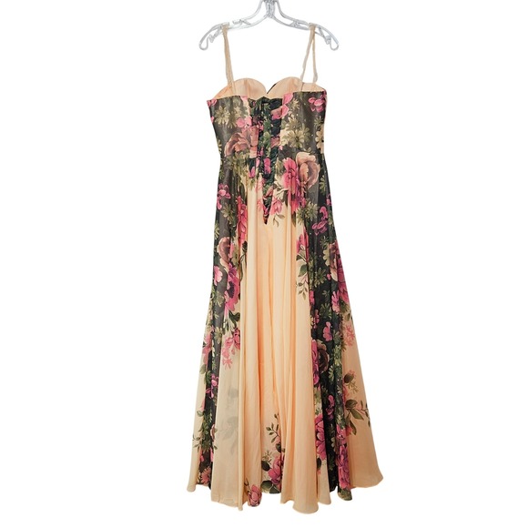 Grace Karin Womens Peach Floral Chiffon Corset Back Formal Maxi Dress 8 Prom - Picture 2 of 16